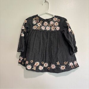 Zara baby girl Charcoal Floral Embroidered Long Sleeve Dress 9-12 months